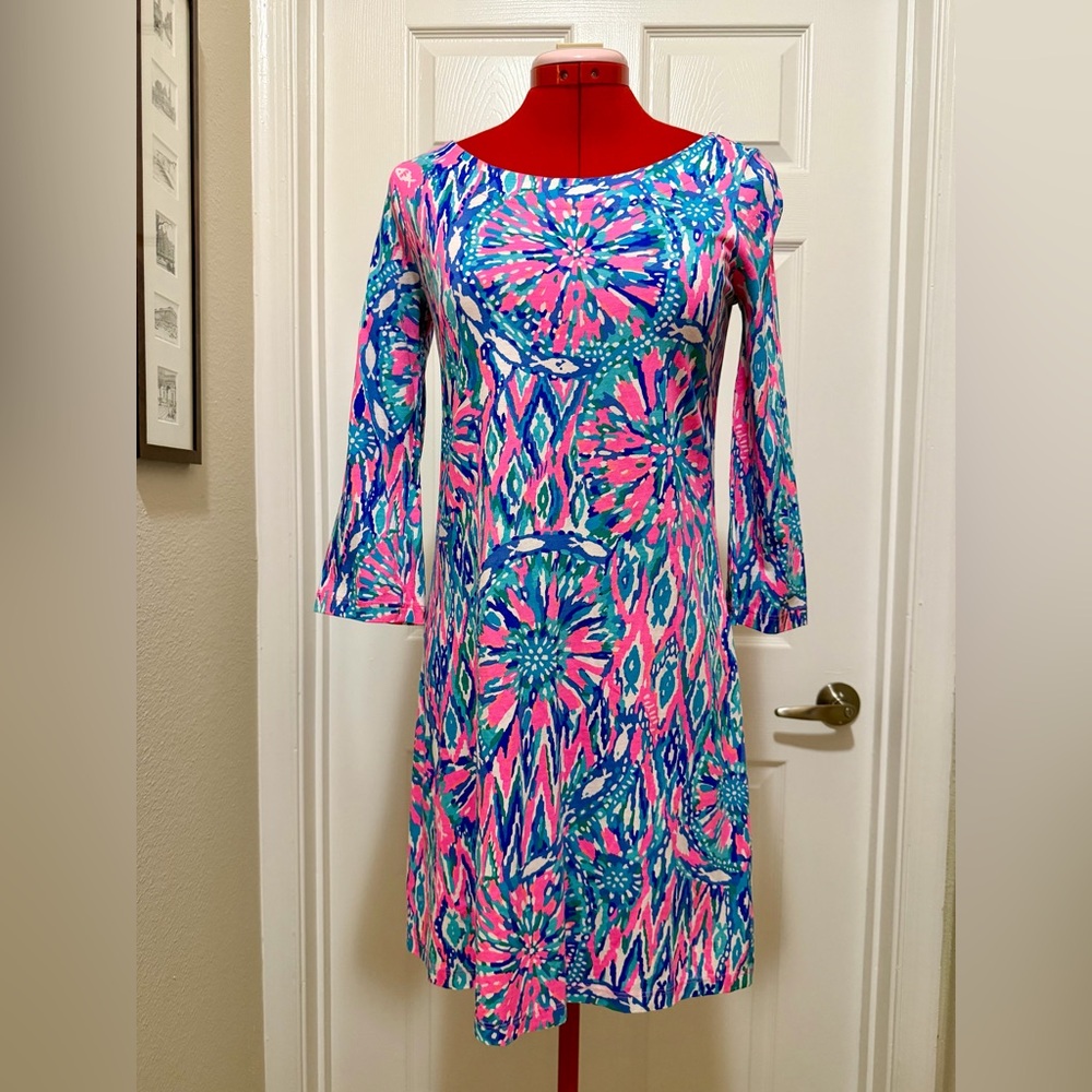 Lilly Pulitzer, Cotton Stretch Pink and Blue Abstract Dress, sz XS